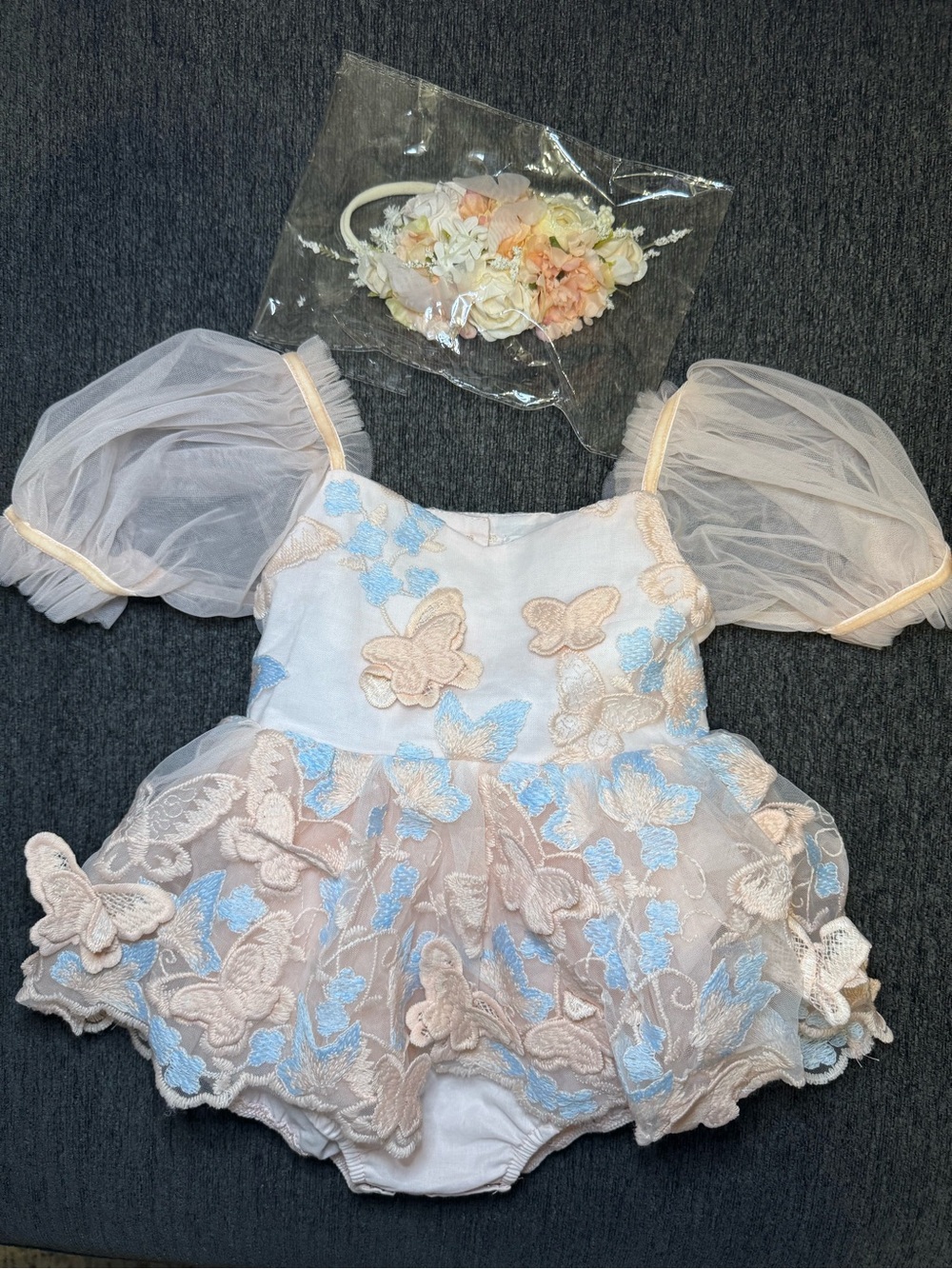 Arabella & Rose Butterfly Kisses Peach Rose Baby Girl Embroidered Tulle Romper
